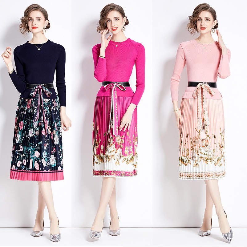 4COLOR★M～2L★オシャレリボンベルト付き　ニット切替ワンピース　