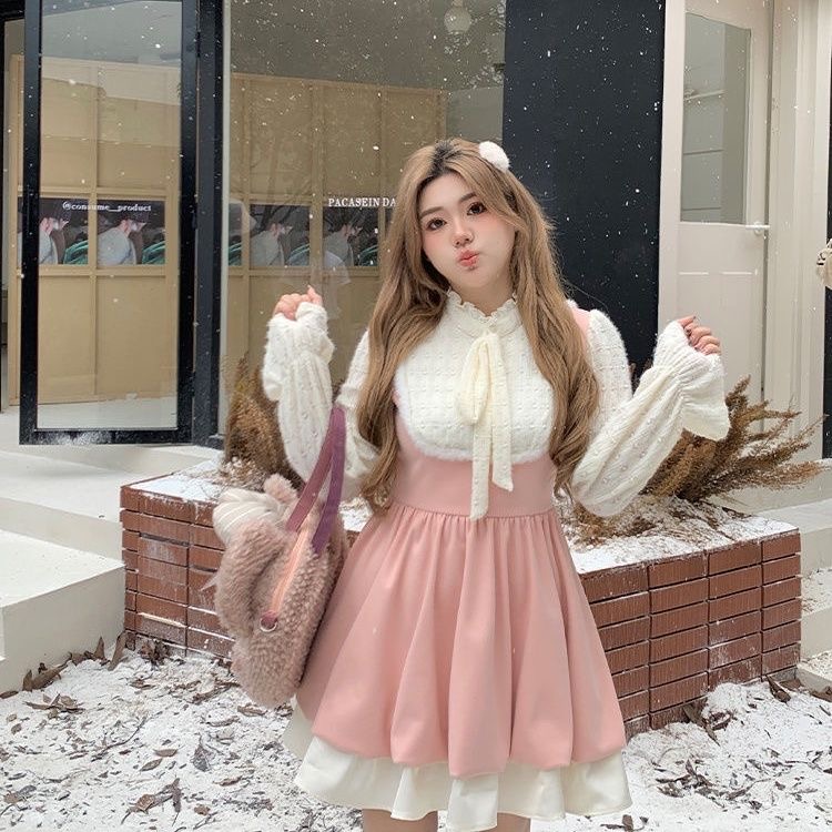 ２COLOR★M～5L★バイカラー　暖かいレース切替　重ねる風ワンピース