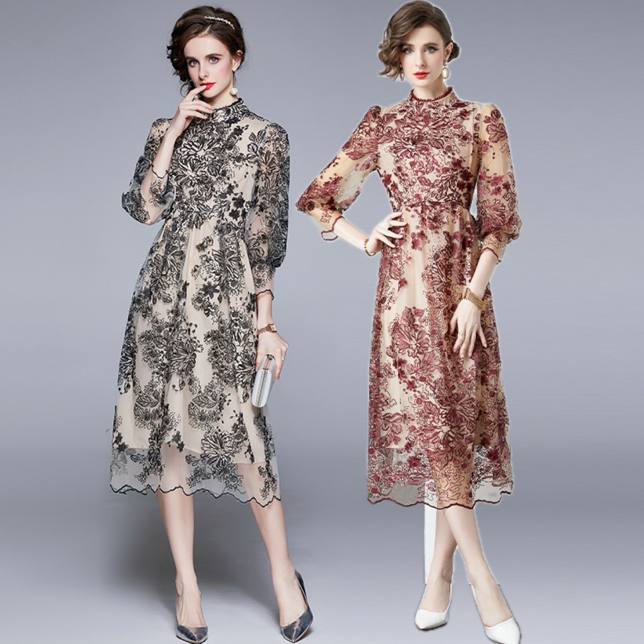 人気商品色追加！S～3L★ファッション パーティー  結婚式 優雅印象　上品感花柄刺繍ドレスワンピース