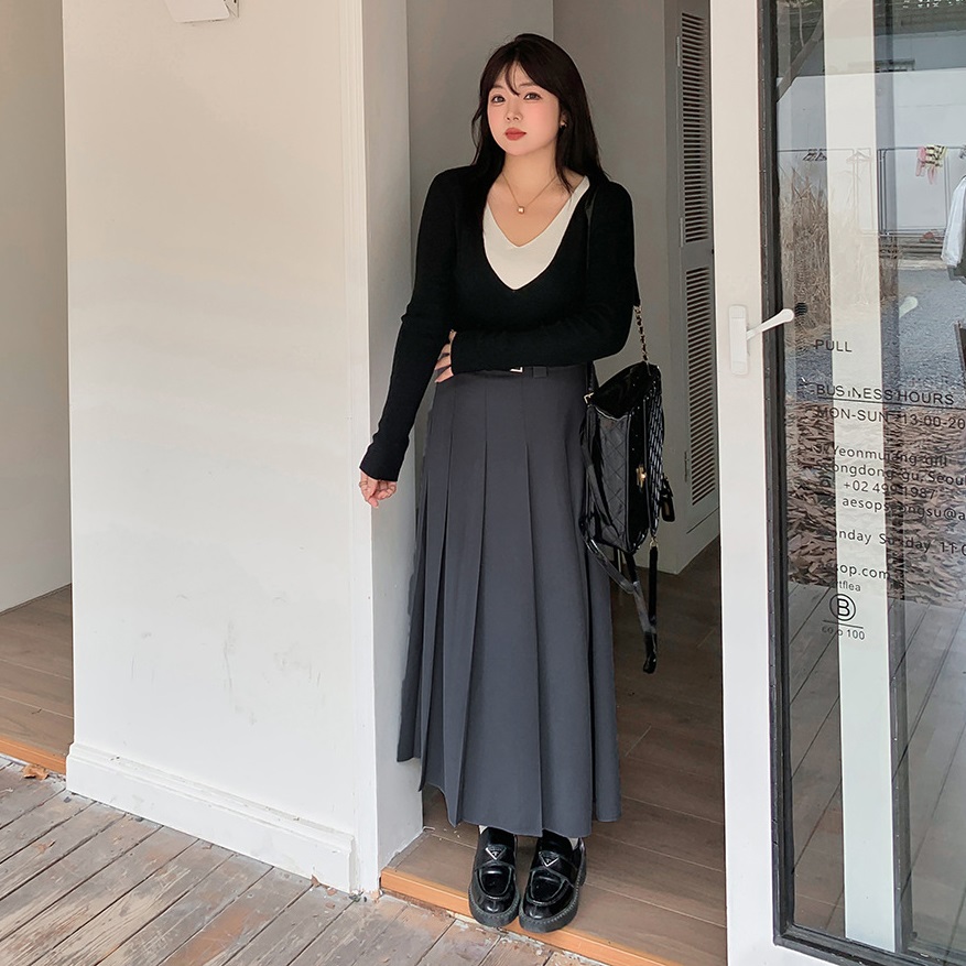 ★2L～6L大きいサイズ ★ベルト付き　スリム効果　プリーツロングスカート