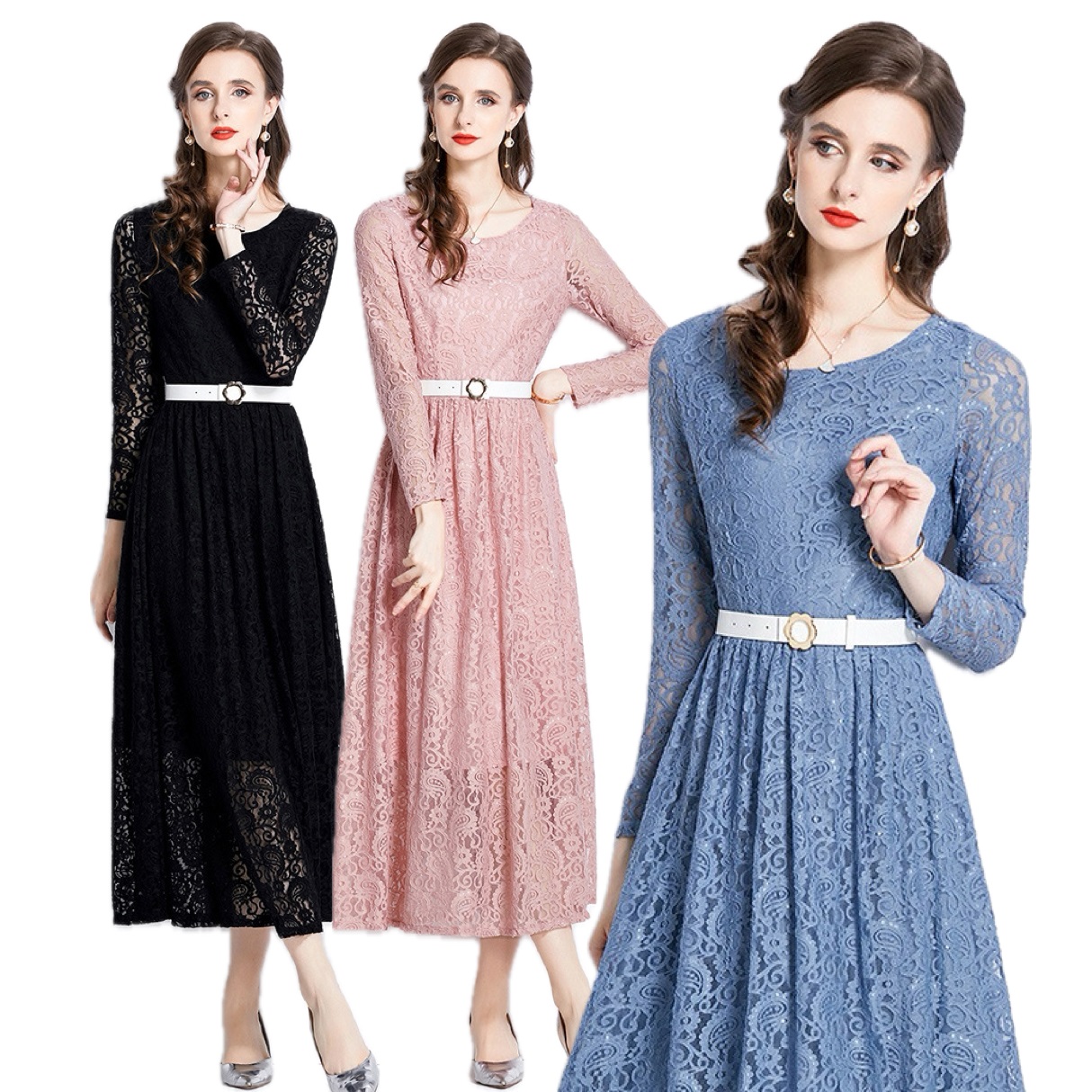 S～3L★通勤 オフィス着 出かけ パーティー ベルト付き上品感花柄総レースドレスワンピース