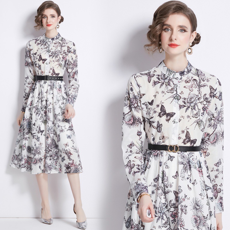 M～3L★出かけ パーティー 通勤 オフィス着 　ベルト付き　可愛い蝶々柄プリント長袖ワンピース