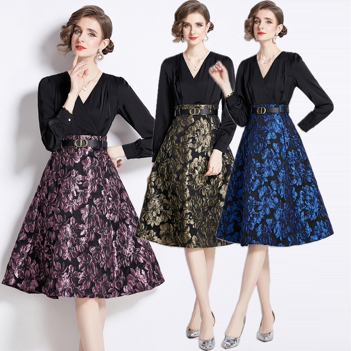 M～3L★パーティー 披露宴 司会 出かけ 二次会  上品感ツヤ感ジャガード織切替  Vネックレスワンピース