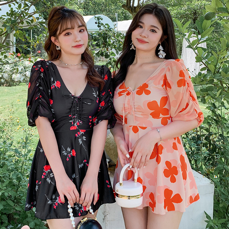 品質保証！M～6L★水着 水泳 海水浴 ビーチ 可愛い花柄ワンピース水着　袖ギャザ入り