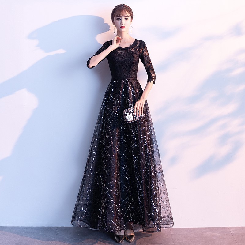 ★パーティー 二次会 結婚式 披露宴 ステージ 司会 演奏会 花柄レース　スパンコール刺繍切替ドレス