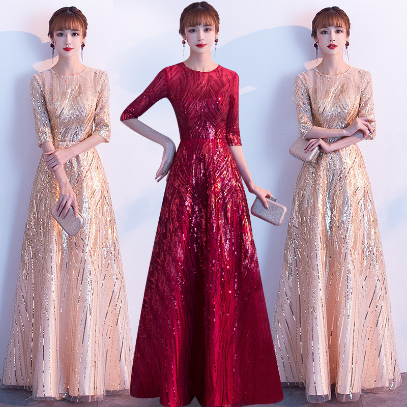 SS～6L★パーティー  結婚式 披露宴 ステージ 司会 演奏会  五分袖 キラキラスパンコール刺繍ドレス