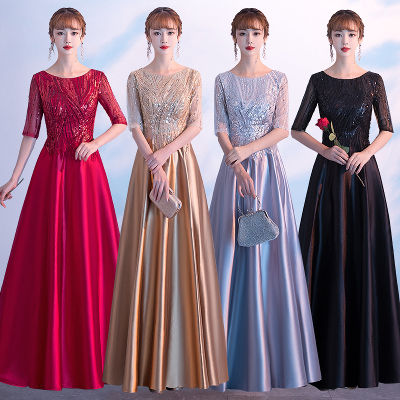 S～6L★パーティー  結婚式 披露宴 ステージ 司会 演奏会  五分袖 キラキラスパンコール刺繍ドレス