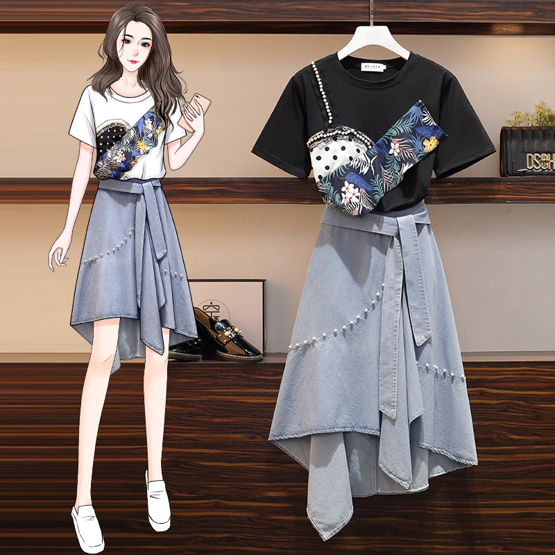L～5L★ゆったり 大きいサイズ★個性　パール付き Tシャツ　デニムスカート　2点セット 単品OK
