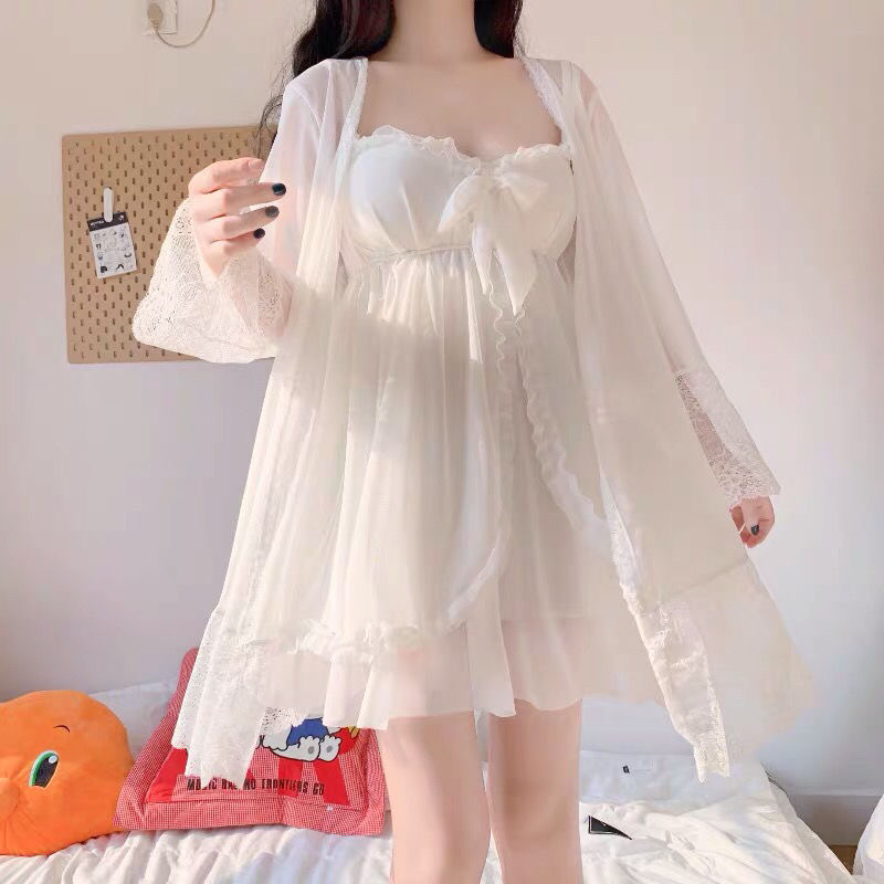 ★2L～5L★大きいサイズ★セクシーパジャマ 透け感レース パット付きキャミワンピース ナイトガウン２set