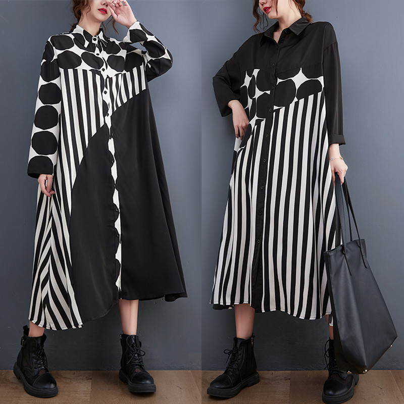 2COLOR ゆったり大きいサイズ★ドット柄　ストライプ柄切替ロングワンピース イレギュラー