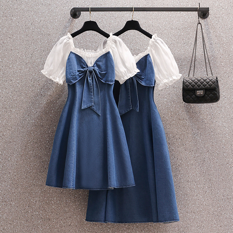 ★L～5L★大きいサイズ★バイカラー　胸元大きめリボン　デニムワンピース