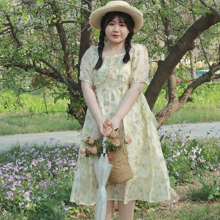 ★2L~8L★大きいサイズ★背中シャリングゴム　可愛いフリル 花柄シフォンワンピース
