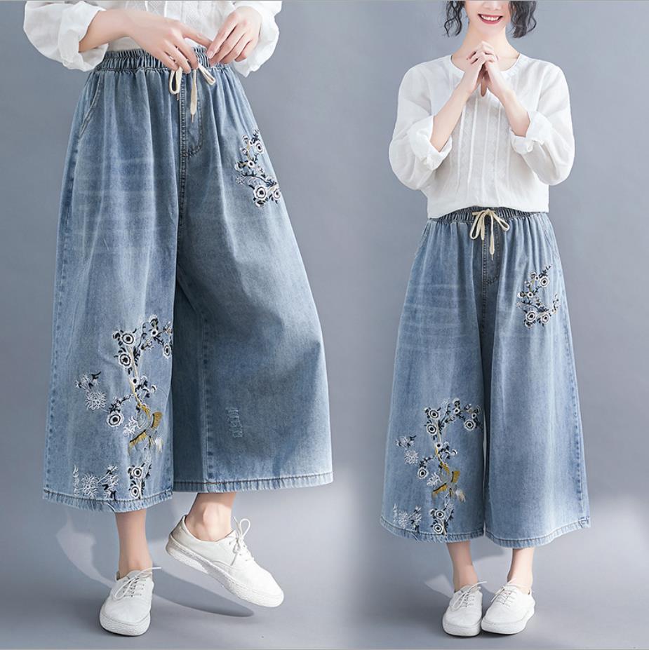 夏新作　大人カジュアルスタイル　花柄刺繍デニムパンツ　ワイドパンツ