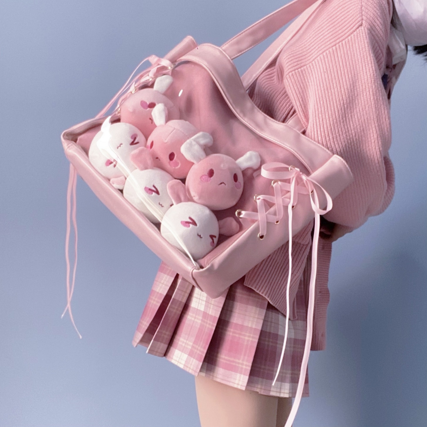 ★可愛い痛バッグ　学生風 リボン編み上げ  PVC＆ズックバッグ  トートバッグ