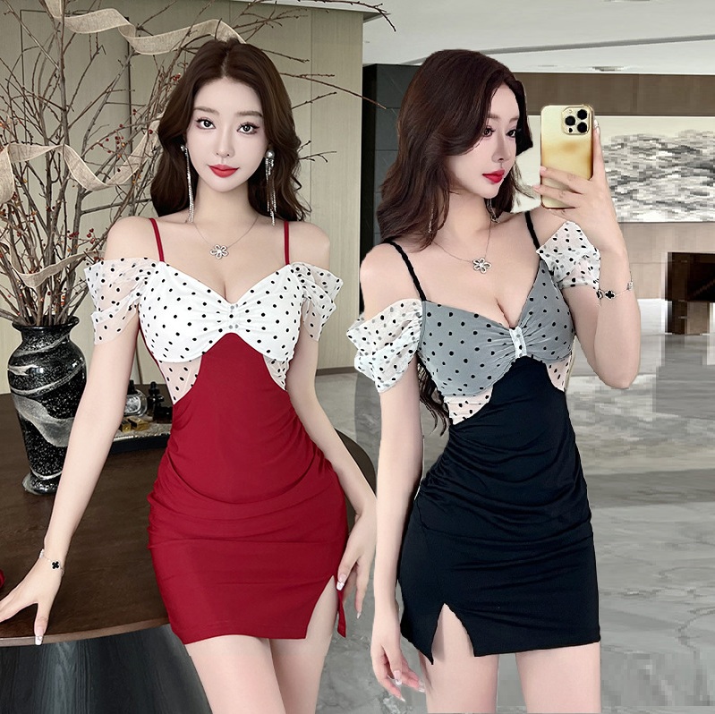 ★S～4L★キャバドレス キャバ嬢　可愛いドット柄切り替え　ミニ丈ワンピース