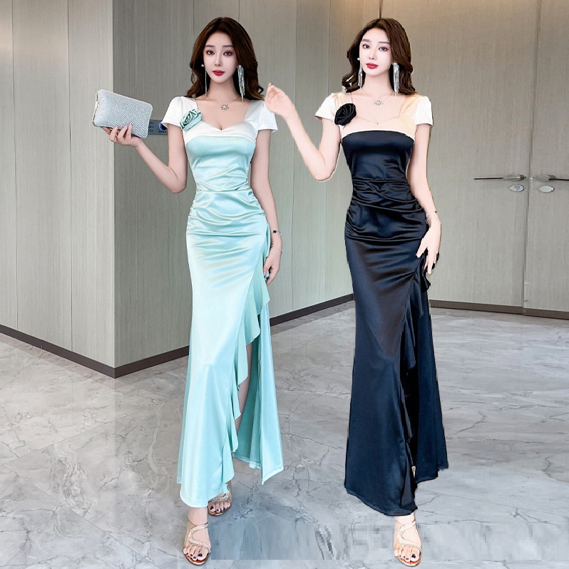 ★S～4L★キャバドレス キャバ嬢 上品ツヤ感 胸パット付き 前スリット入り　ロングワンピース