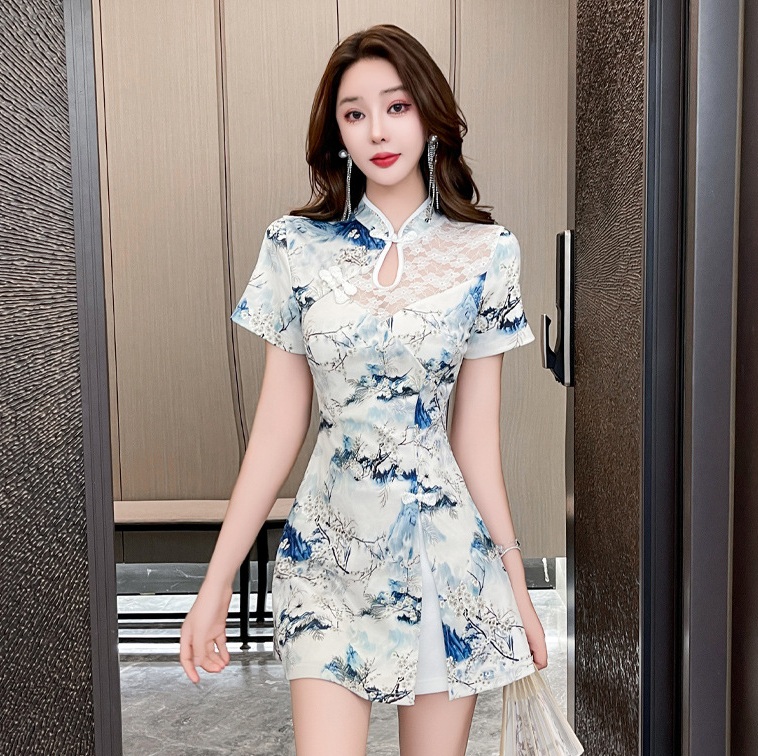 ★S～4L★キャバドレス キャバ嬢　花柄レース切り替え　チャイナ風　セクシー　ミニ丈ワンピース