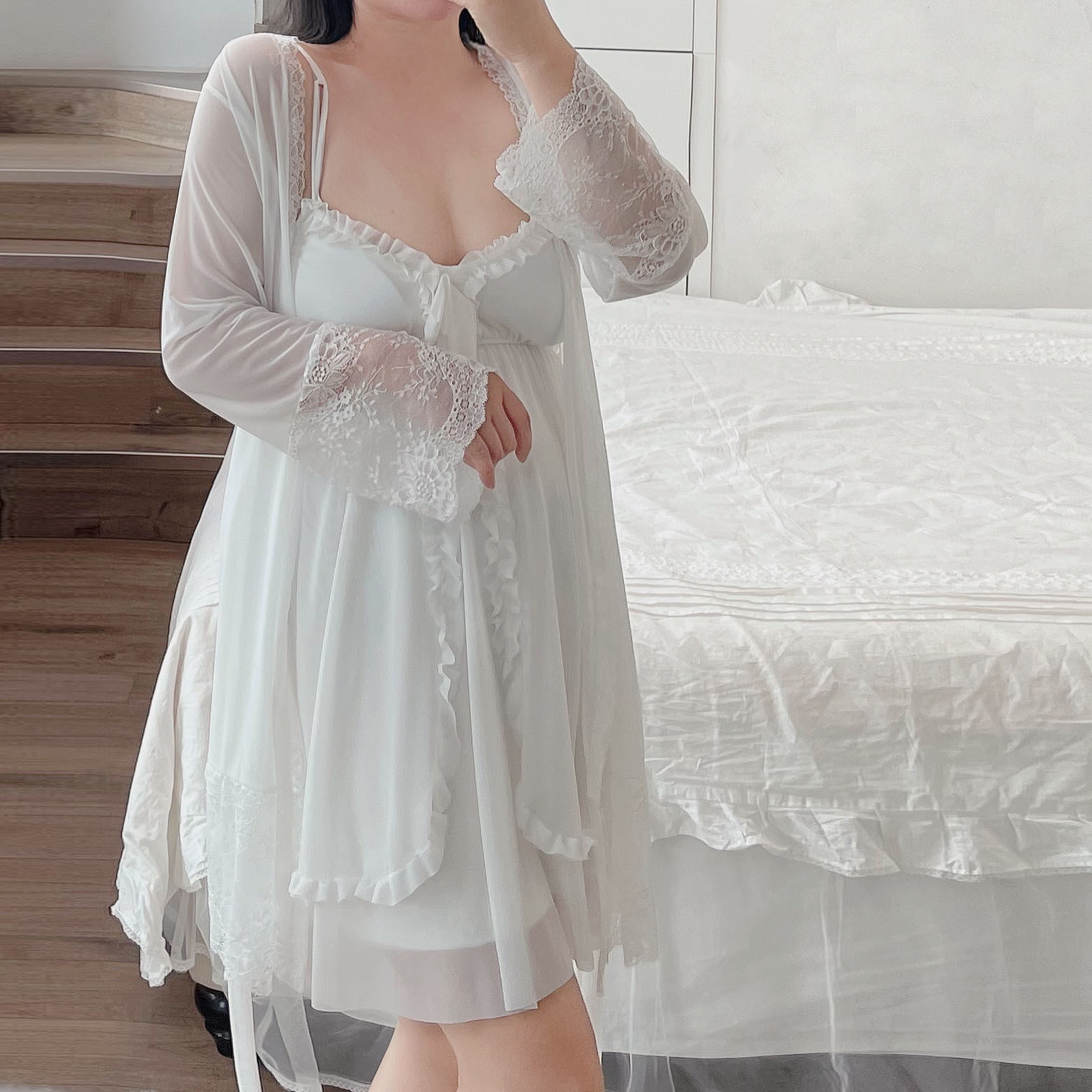 ★2L～5L★大きいサイズ★セクシーパジャマ 透け感レース パット付きキャミワンピース ナイトガウン２set