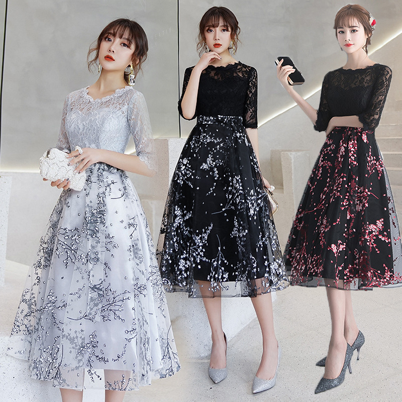 ★パーティー 結婚式 披露宴 演奏会 司会　二次会花柄レースドレス ロングドレス膝下ドレス