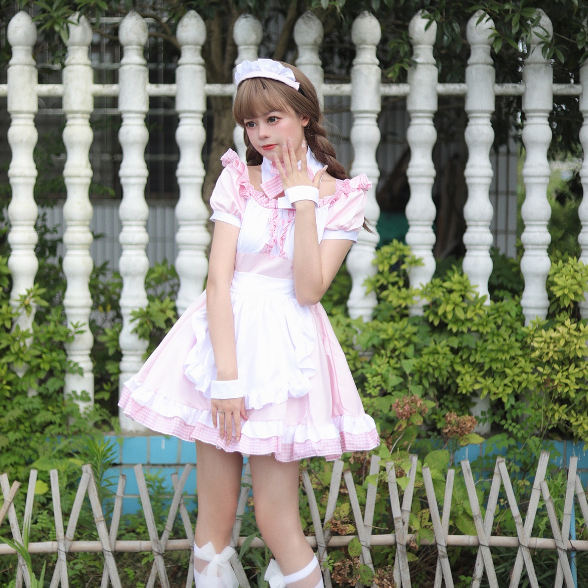 ★S～6L大きいサイズ★可愛いチエック柄切替コスプレ レース切替メイド服 エプロン 4set
