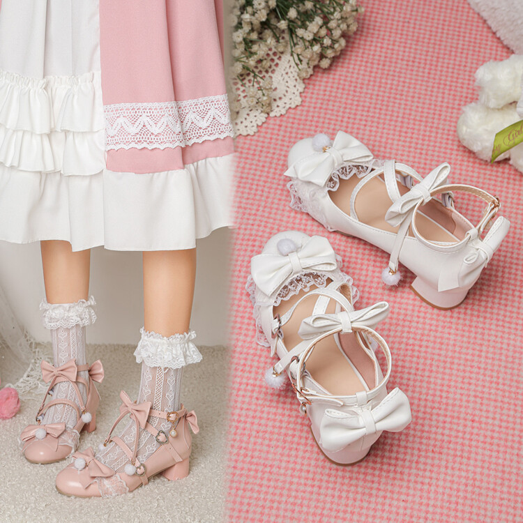 19cm～26.5cm 可愛いパール付き　レース リボン パンプス　ロリータシューズ 甘ロリ チャンキーヒール 4CM