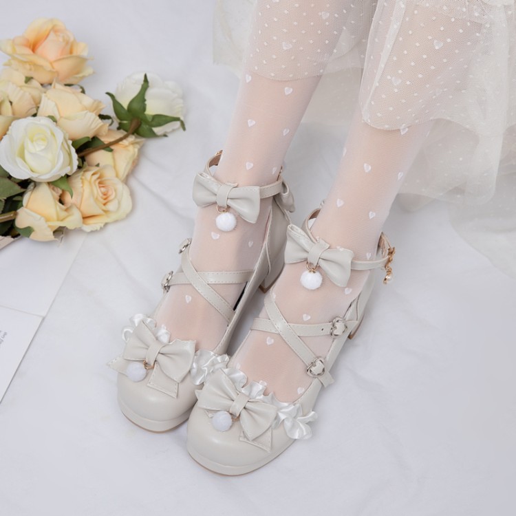 22cm～26.5cm 可愛いパール付き　レース リボン パンプス　ロリータシューズ 甘ロリ チャンキーヒール 5CM