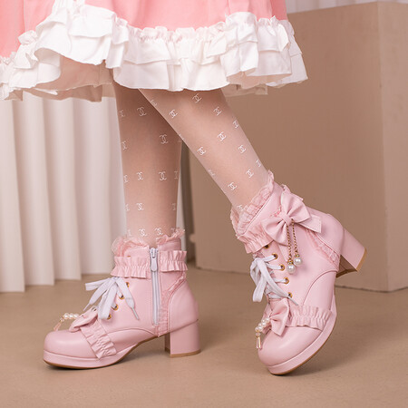 22cm～26.5cm 可愛いレース　リボン パンプス　ロリータシューズ 甘ロリ チャンキーヒール　5CM
