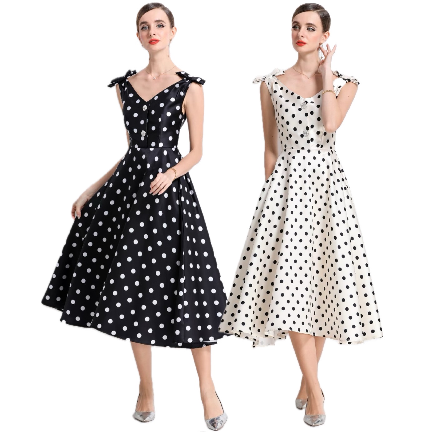 S～3L★パーティー 二次会　忘年会 　肩可愛いリボン　ドット柄ドレス　ワンピース