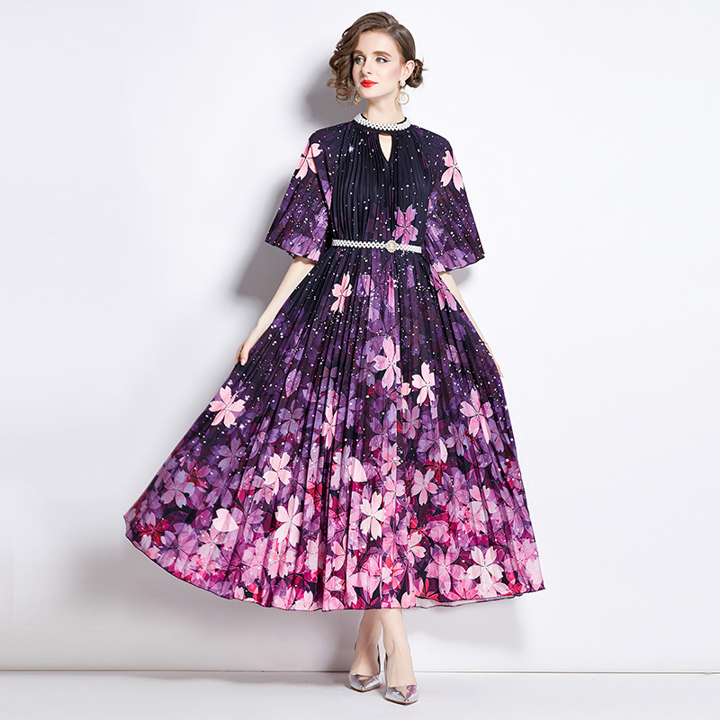 即納★出かけ パーティー  優雅印象 襟元パープル付き　ベルト付き　可愛い桜柄　プリーツロングワンピース