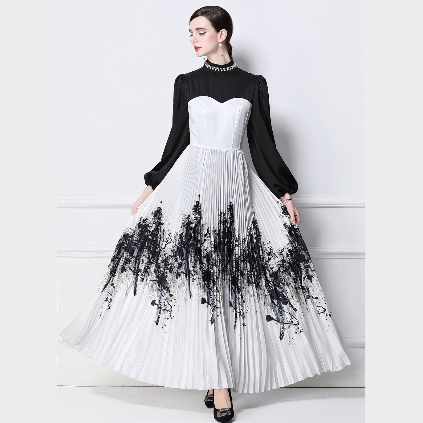 M～3L★パーティー 二次会 忘年会 上品感パール付き バイカラー プリーツ ロングドレスワンピース