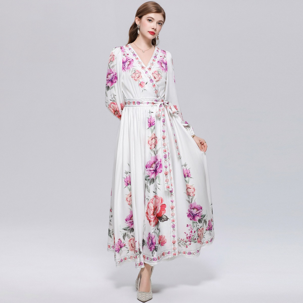 2026新作★出かけ パーティー   上品感カシュクール 可愛い長袖パフスリーブ花柄ロングワンピース