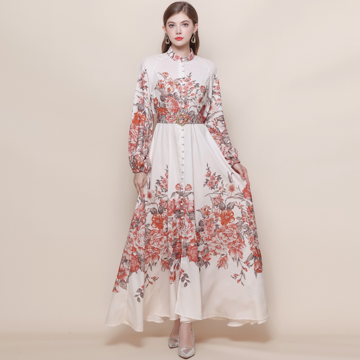 2026新作★出かけ パーティー   大人可愛い長袖パフスリーブ　優雅　花柄ロングワンピース