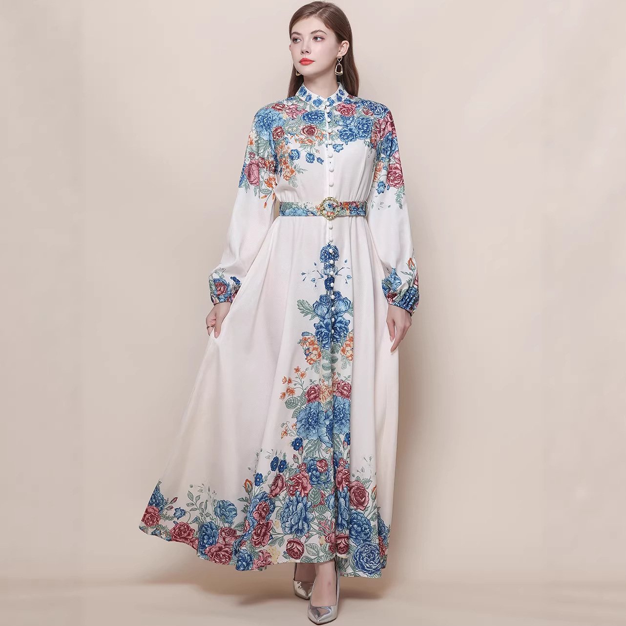2026新作★出かけ パーティー   大人可愛い長袖パフスリーブ　優雅　花柄ロングワンピース