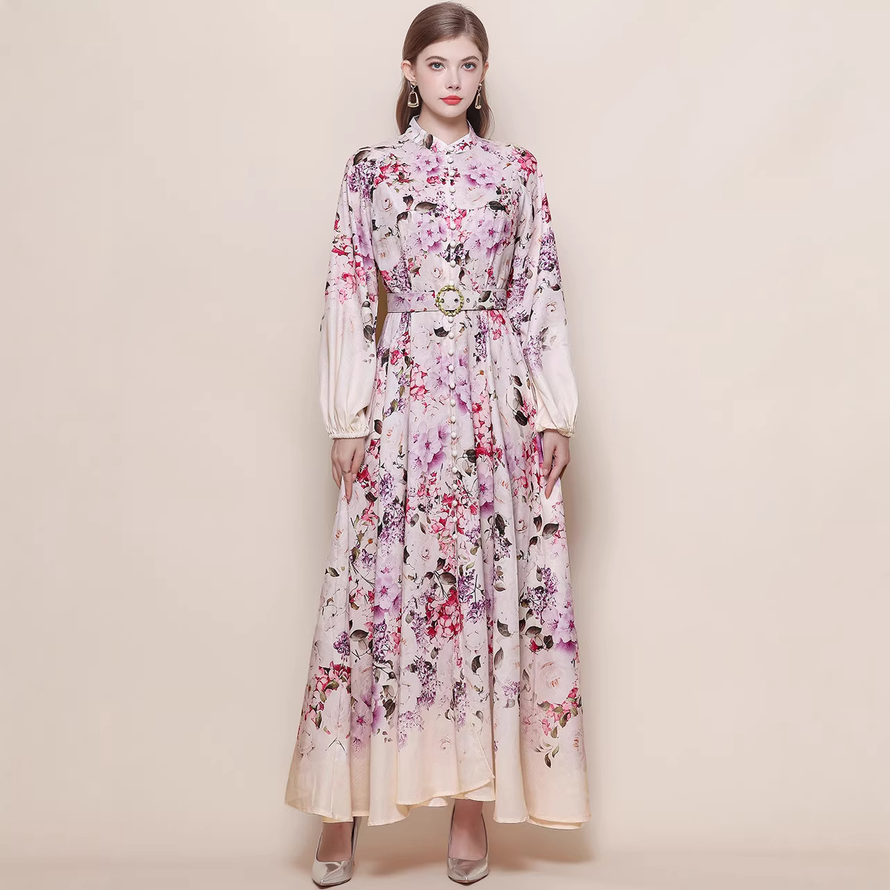 2026新作★出かけ パーティー   大人可愛い長袖パフスリーブ　優雅　花柄ロングワンピース