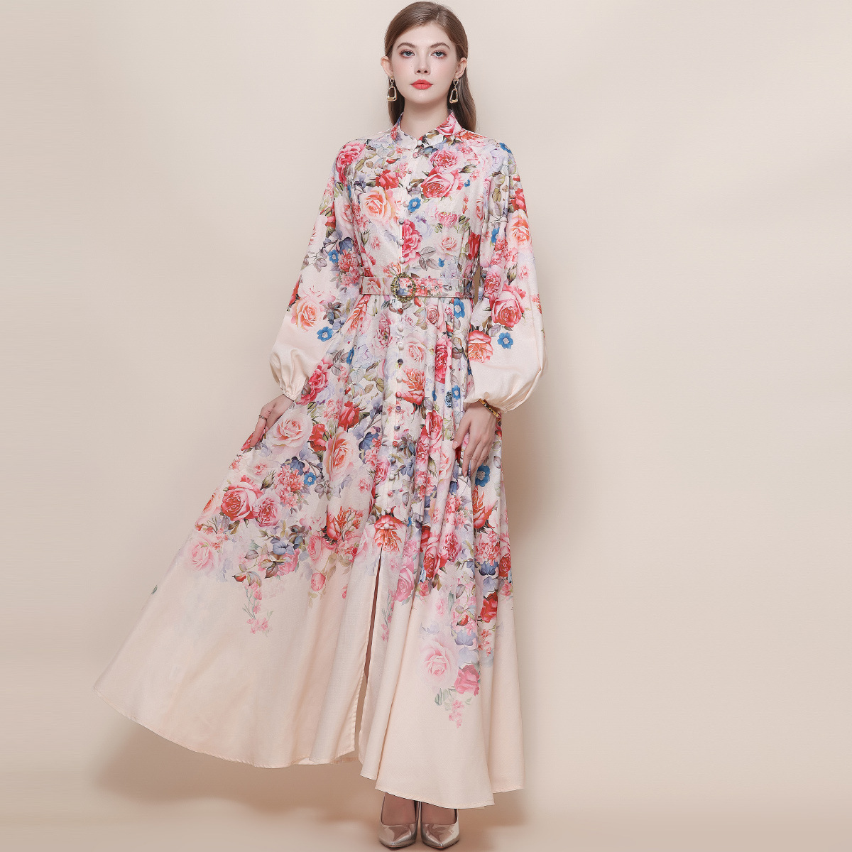 2026新作★出かけ パーティー   大人可愛い長袖パフスリーブ　優雅　花柄ロングワンピース