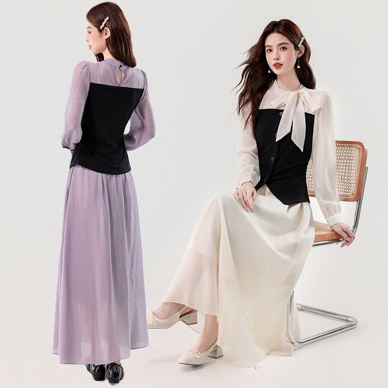 2026新作★出かけ パーティー 可愛いリボン バイカラー異素材切り替えトップス　ロングスカート ２set