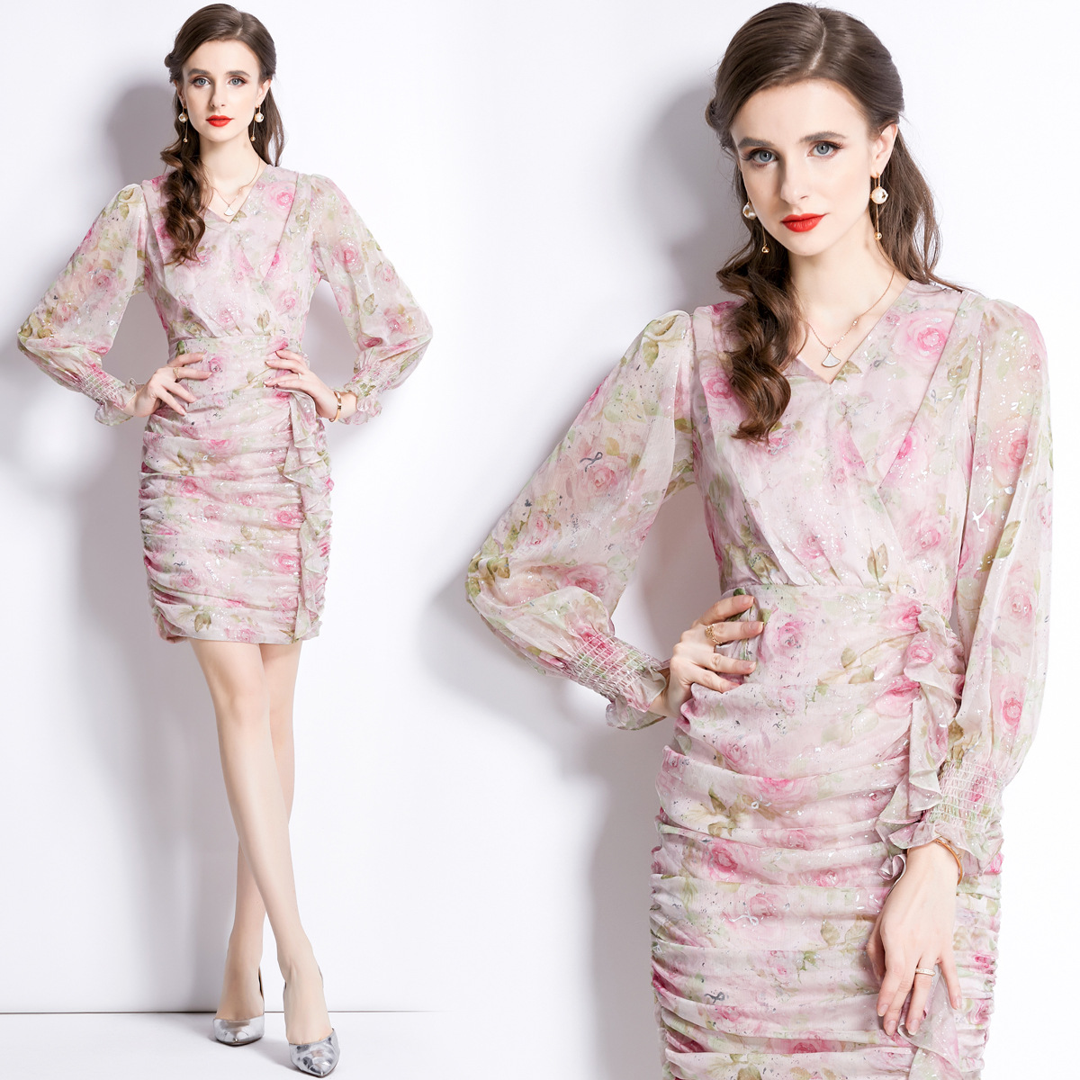 2026新作★出かけ パーティー   ギャザ入り　可愛いフリル 女性らしさUP　花柄ワンピース　