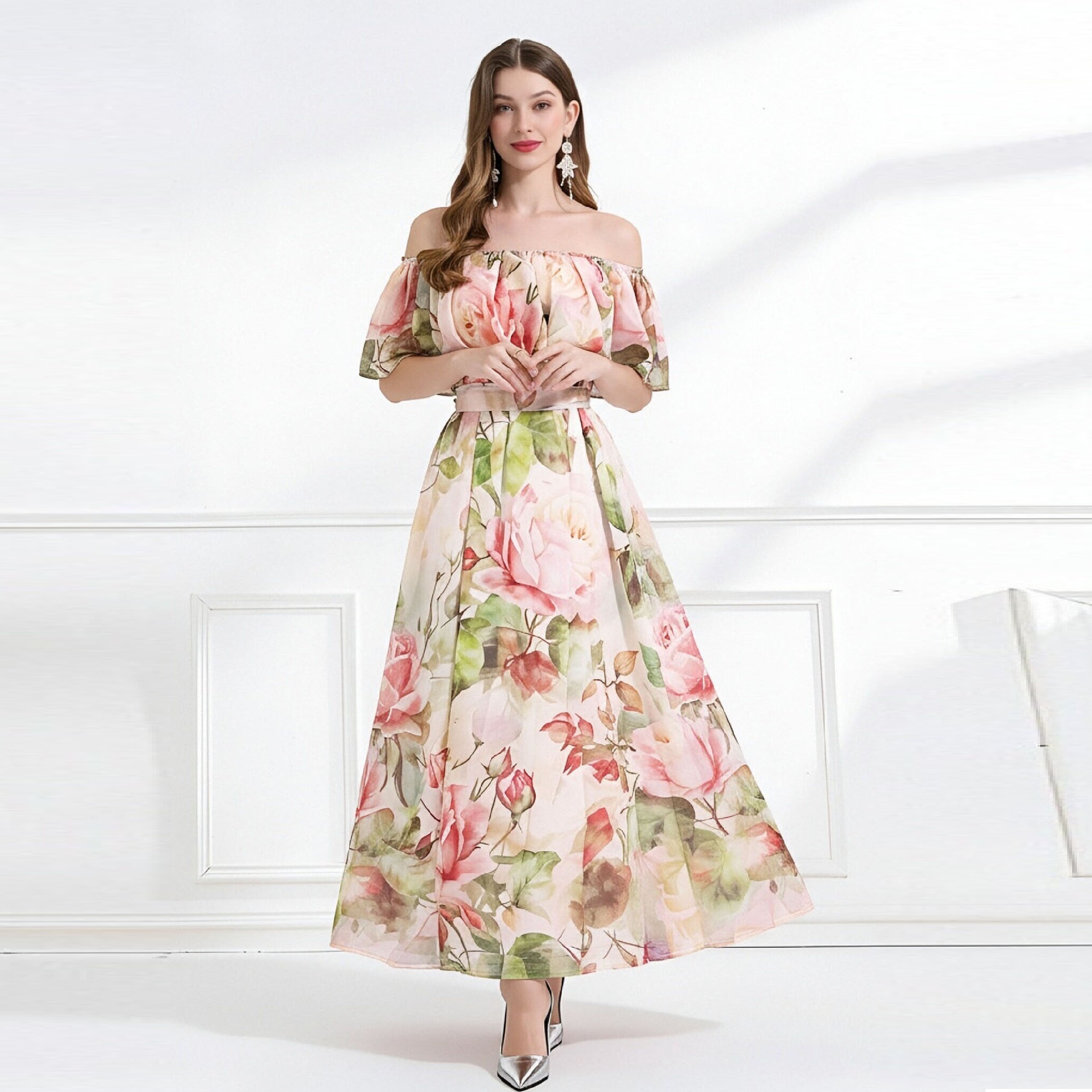 2026新作★出かけ パーティー   ハワイ風　オフショルダー　花柄シフォンロングワンピース