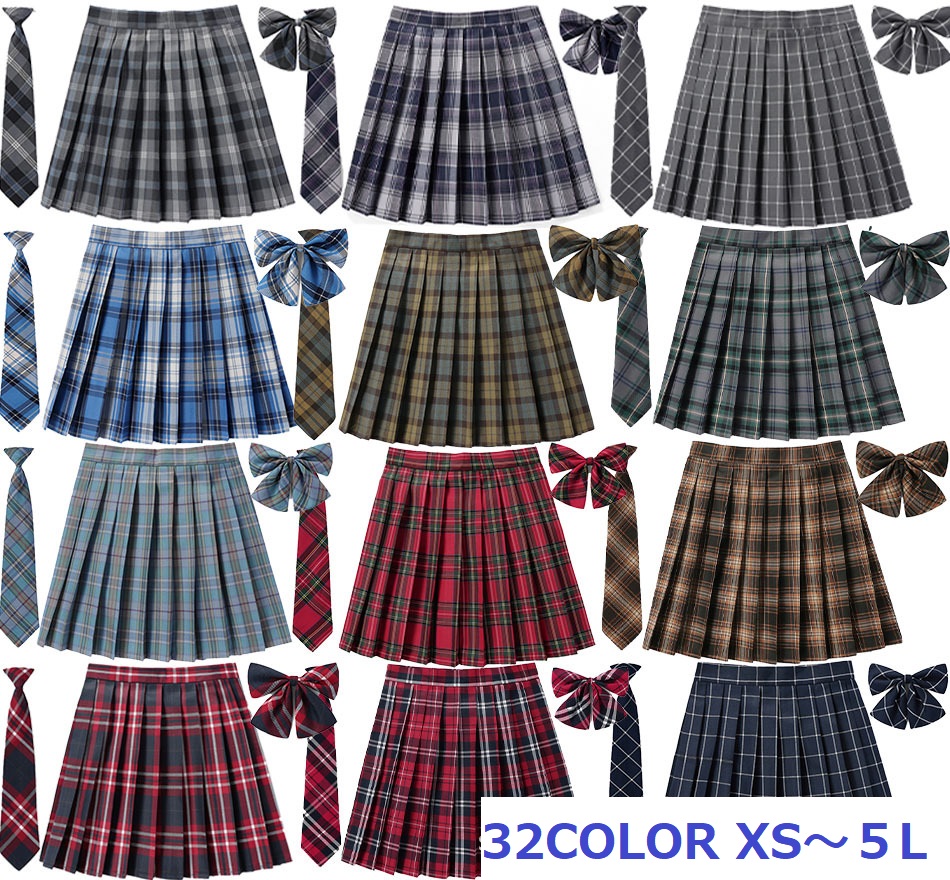 値下げ！全32COLOR★XS～6L★学生風　可愛いチエック柄スカート ネック帯　リボン　３set