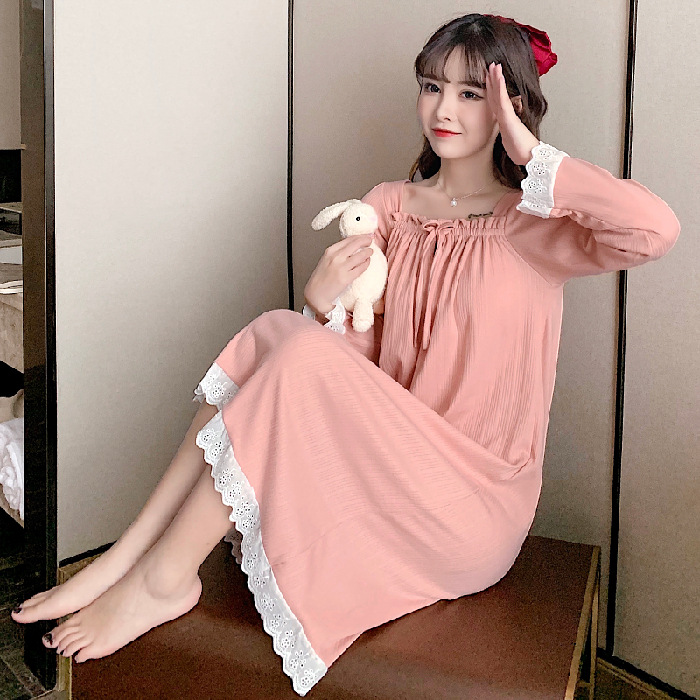★M～3L★ゆったり パジャマ部屋着　胸元可愛いリボン　レース切替　長袖  寝間着 ワンピース