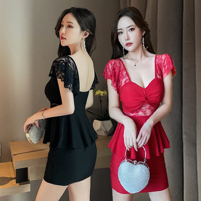 ★S～3L★キャバドレス キャバ嬢ドレス　花柄レース切り替え　ペプラムミニ丈ワンピース