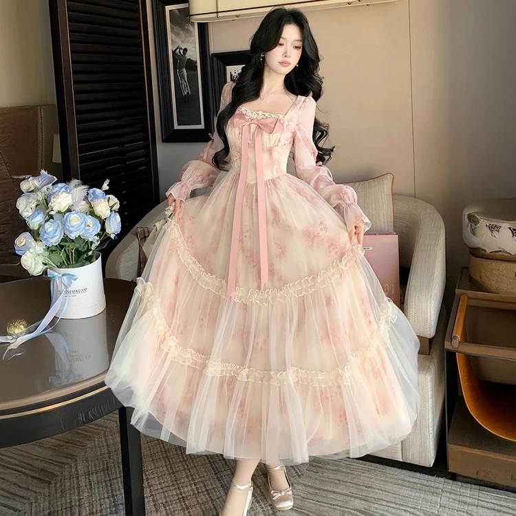 ★M～5L★大きいサイズ　胸元リボン　スクエアネック　可愛い花柄チュールティアードロングワンピース