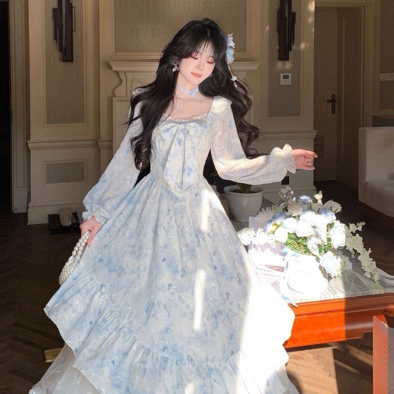 ★M～5L★大きいサイズ　胸元リボン　スクエアネック　可愛い花柄ロングワンピース