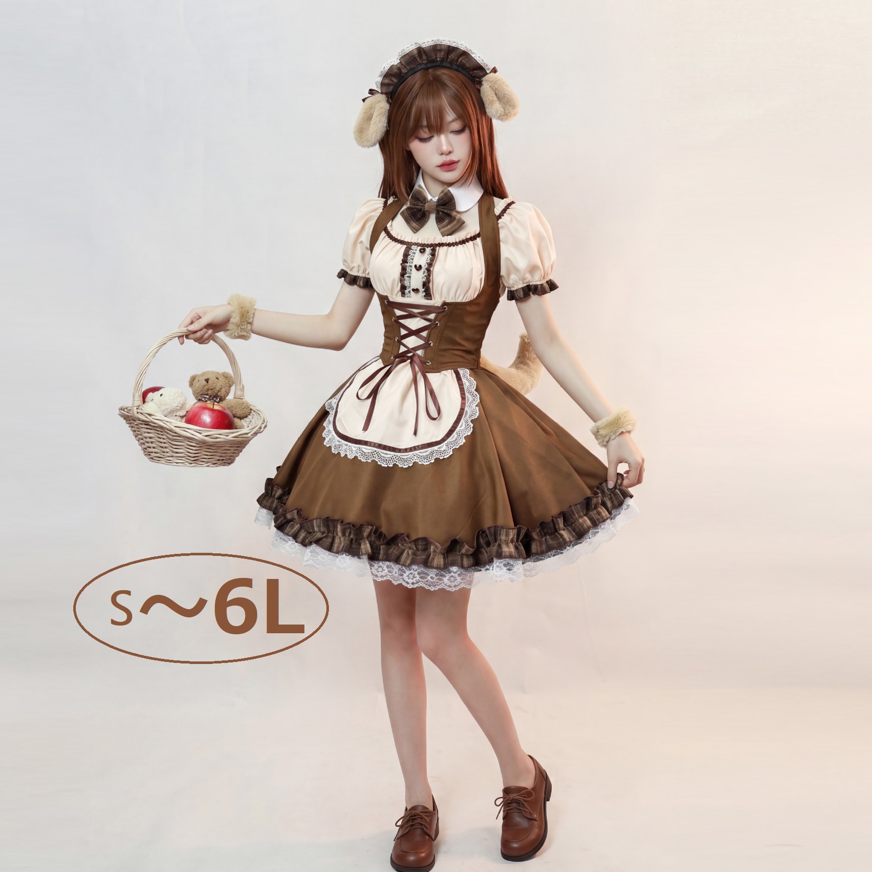 ★S～6L大きいサイズ★レトロ感　可愛い柴犬コスプレ　メイド服　贅沢7点セット lolita