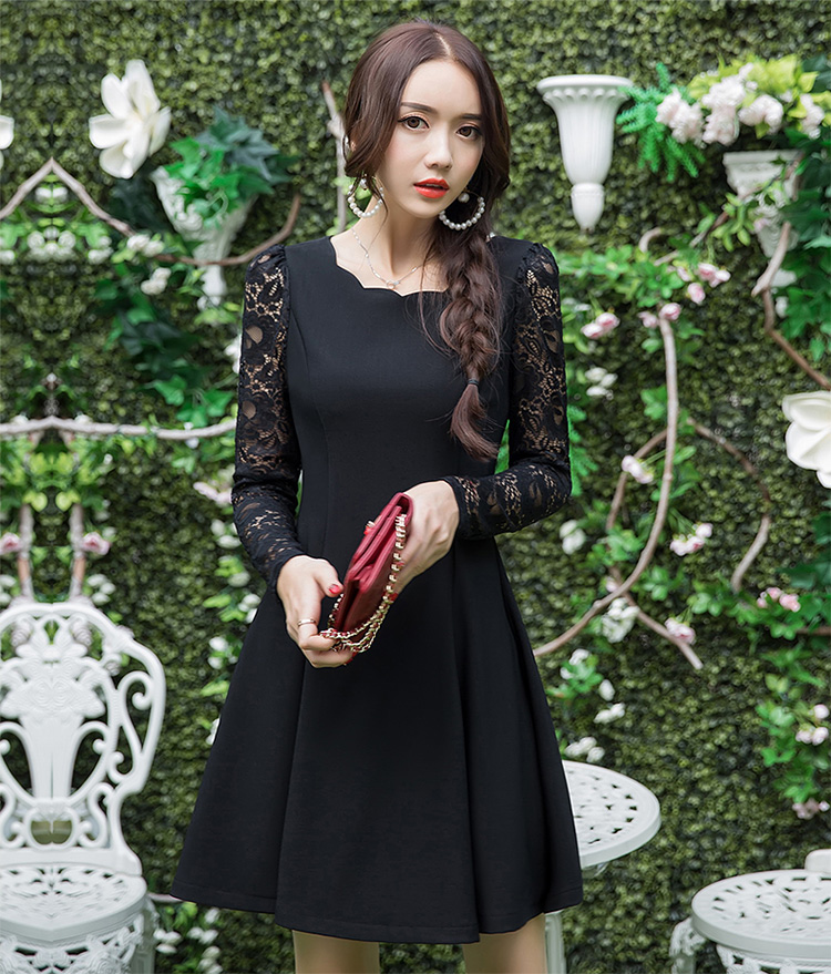 即納★Ｍ～6Ｌ★可愛いぽっちゃりさん しっかり 異素材切替 スリム効果  花柄レース切替ワンピース