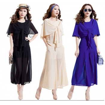 ★新作4色★パーティー　披露宴 夏涼感　ケープ風　 リボン　シフォン　ワイドパンツ　ドレス　ツーピース＃1580