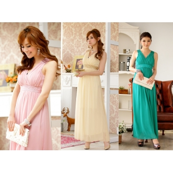 ★パーティー　披露宴　演奏会　プリーツ 手縫製カラーストーン　ロングドレス#9602　