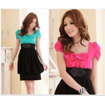 特価★ベルト付き　ハイウエスト　スタイルアップ　美配色バルーンワンピース#3410