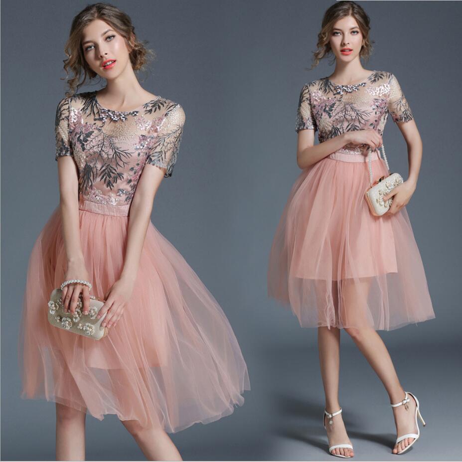 S★パーティー 二次会 結婚式 披露宴 花柄レースチュール切替　ドレス